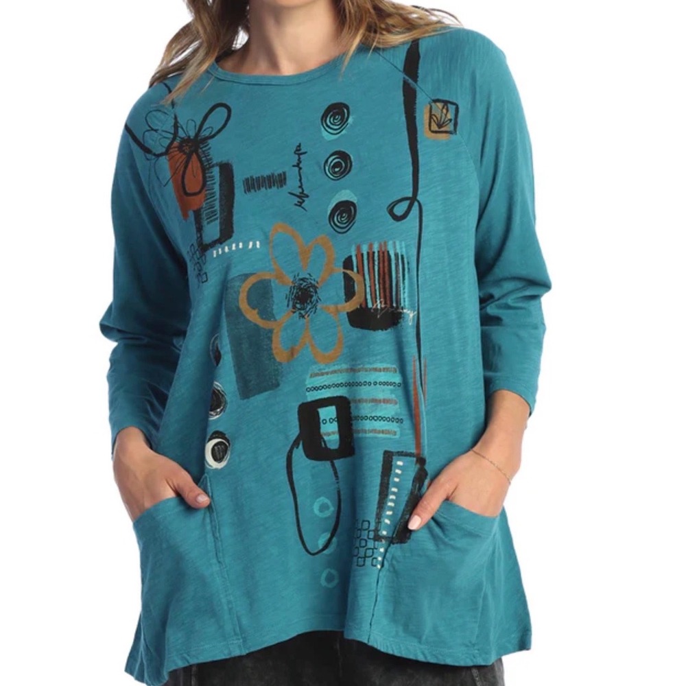 NEW Jess & Jane Tunic Top Large ‎ Teal Blue Botany Abstract Floral M12-1884
